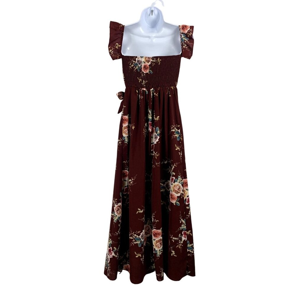 Womens Floral Print Maxi Dress With Ruffle Sleeves & Waist Tie Burgundy Small - Picture 5 of 10